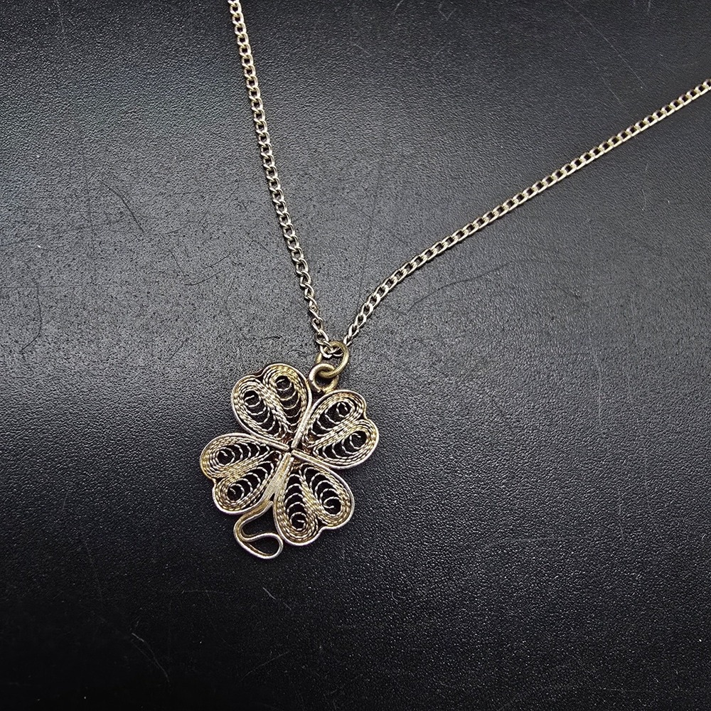 Sterling Silver Filigree Four Leaf Clover Necklace Pendant Irish St Patricks